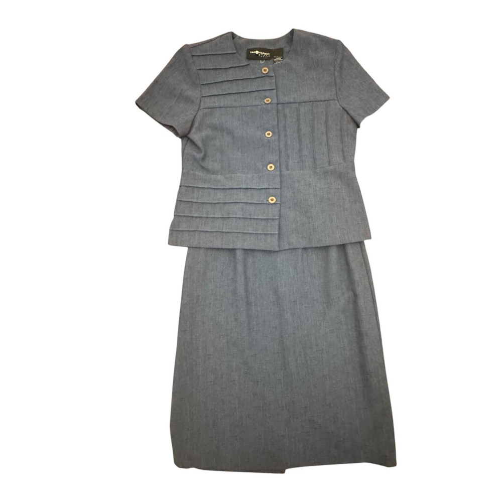 Sag Harbor Petite Blue vintage Button Front Short Sleeve Jacket Skirt Set 8P